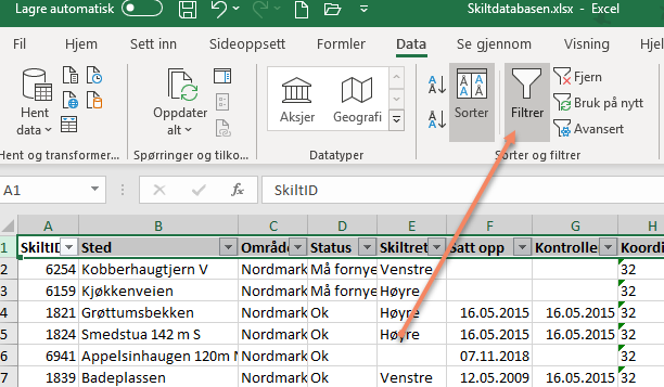 Eksportert Excel-ark